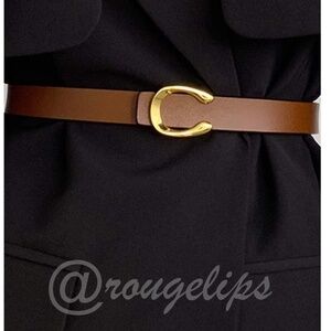 Brown Skinny Leather Belt Gold Tone C-Horseshoe buckle